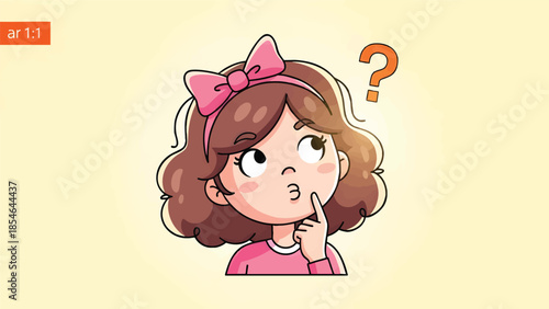 Adorable cartoon girl pondering a question with curiosity