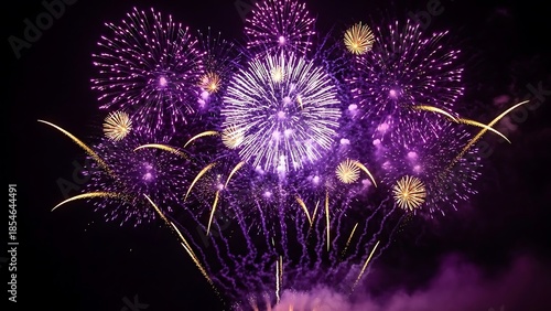 a vibrant display of purple and gold fireworks illuminating the dark night