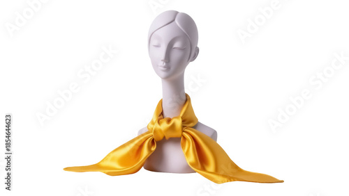 Elegant mannequin head with golden silk scarf isolated PNG, fashion accessory for product display and design projects on transparent background
