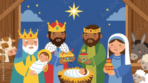 Nativity scene with the Three Wise Men Mary Joseph and baby Jesus in a stable with farm animals Christmas illustration