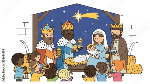 Nativity scene with Three Wise Men and children cartoon illustration of Christmas story religious holiday concept for greeting cards