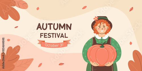 Curly red haired woman holding large pumpkin in her hands. Autumn and harvest concept. Horizontal Web banner with autumn leaves for Autumn Festival. Flat style vector illustration.
