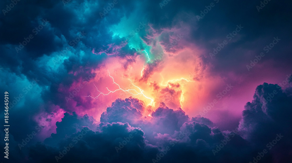 Fototapeta premium Nighttime thunderstorm with flashing lightning and colorful neon glows illuminating storm clouds, capturing intense energy, dramatic atmosphere, and vibrant electrical activity in the sky.