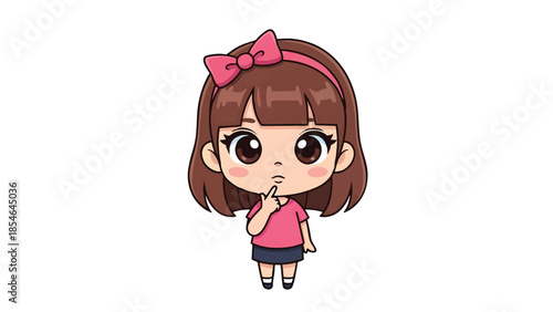 Cute cartoon chibi girl with brown hair and pink bow, thinking with finger on chin, isolated on white background.