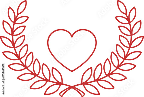 Red outline heart surrounded by a classic laurel wreath for achievement and affection