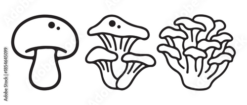 Simple black and white line art illustration of three different types of edible mushrooms.