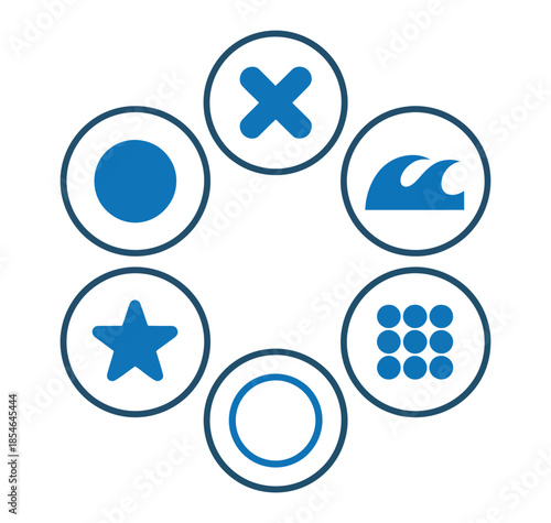 Abstract circular arrangement of diverse icons representing concepts and choices.