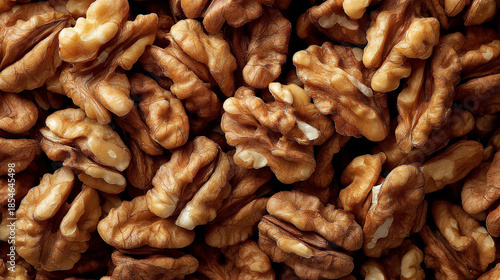 Top‑view close‑up of peeled brown walnut kernels filling the frame, revealing natural irregular shapes and textures that evoke wholesome food, nutrition, and rustic culinary appeal. 
