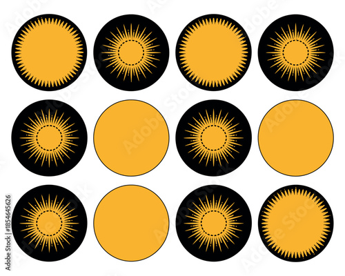 Abstract sunburst circles arranged in a grid pattern on a dark background