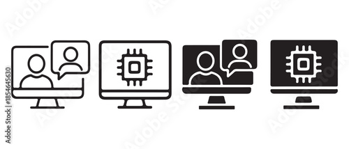 Set of icons representing digital communication and processing on computer monitors in outline and solid styles.