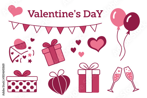 A festive Valentine's Day illustration featuring pink and red hearts, gift boxes, balloons, champagne glasses, bunting flags, and romantic decorations on a white background.