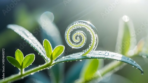 Closeup of a spiral shaped fern frond with water droplets in sunlight green