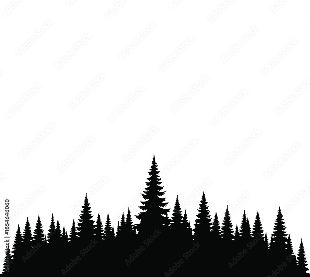 Fototapeta premium Black pine forest silhouette landscape with evergreen trees on a white background.