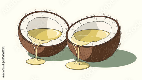 Flat vector illustration of two halves of coconut with oil