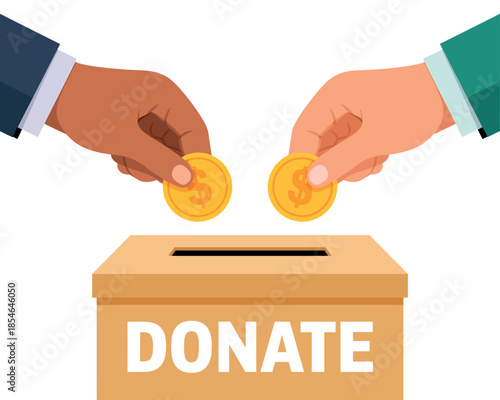 Hands contributing coins to a donation box, symbolizing generosity and support.
