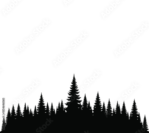 Black pine forest silhouette landscape with evergreen trees on a white background.