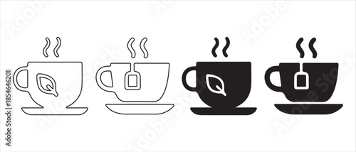 A collection of hot tea cup icons in both outline and solid fill styles, featuring teabag and leaf options.