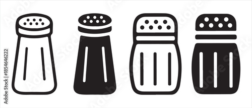 A collection of four minimalist salt and pepper shaker icons in outline and silhouette styles.