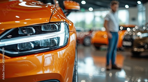 Man examining new orange cars at a modern car dealership showroom with shiny floor and bright lighting