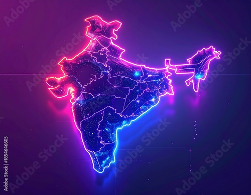 Glowing neon outline of the Indian subcontinent on a dark background