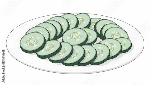 Flat vector illustration of sliced cucumbers laid out on a white plate in the shape of a circle