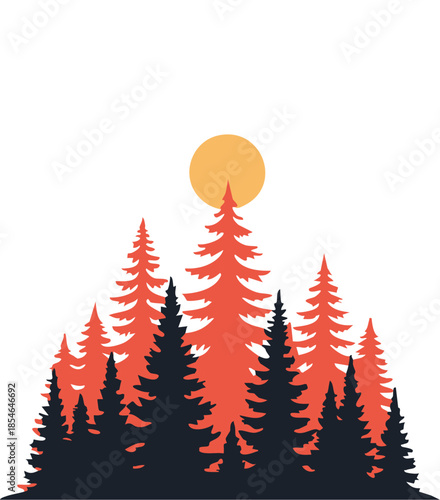 Black and orange pine forest silhouette with a yellow sun on a white background