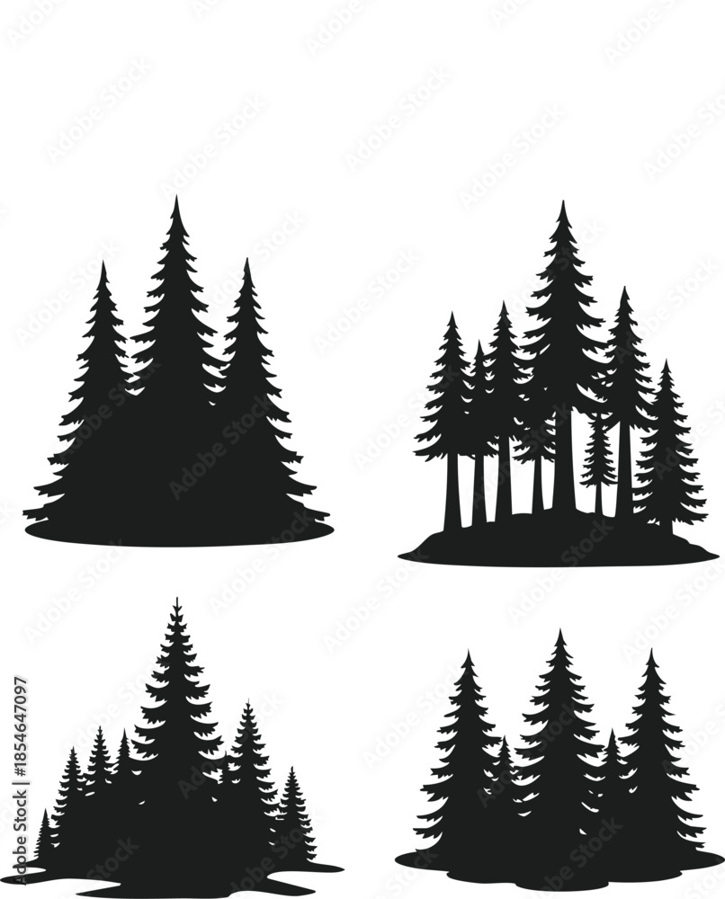 Obraz premium Black pine tree silhouette clusters and forest groups isolated on white background