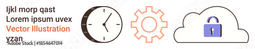 Time management, cloud computing, data security, automation, technology processes, digital protection. A clock, gear and cloud with a lock icon are . Time management and cloud computing theme