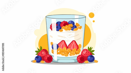 Flat vector illustration of yogurt parfait with berries and granola in a clear glass on a white background