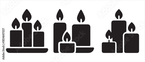 Variations of lit candles icon set. in silhouette style, representing warmth and celebration.