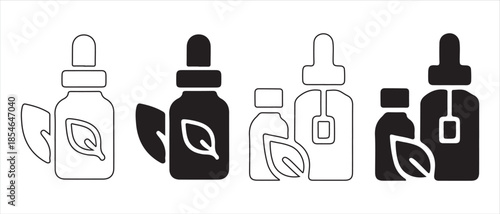 Natural essential oil and herbal remedy bottles icon set in black and white.