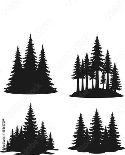 Black pine tree silhouette clusters and forest groups isolated on white background