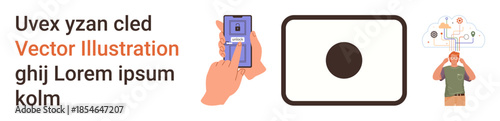 Technology, abstract design, communication, digital media, cloud concepts, mobile interaction. A hand holds a mobile phone, a black dot in a rectangle and a cloud-connected person. Technology