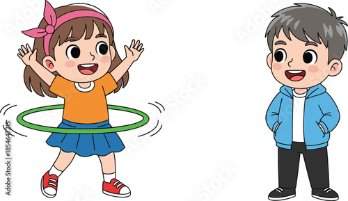 Cute cartoon children characters set featuring happy girl playing with hula hoop and young boy in hoodie, kids active lifestyle flat vector..