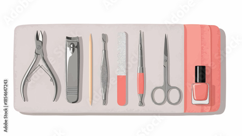 Flat vector illustration of nail care tools and accessories on a soft background 