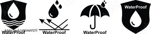 Waterproof icons. Water Proof. Collection of water resistant signs. Water protection, liquid proof protection. Shield with water drop. Anti wetting material, hydrophobic fabric, surface protection