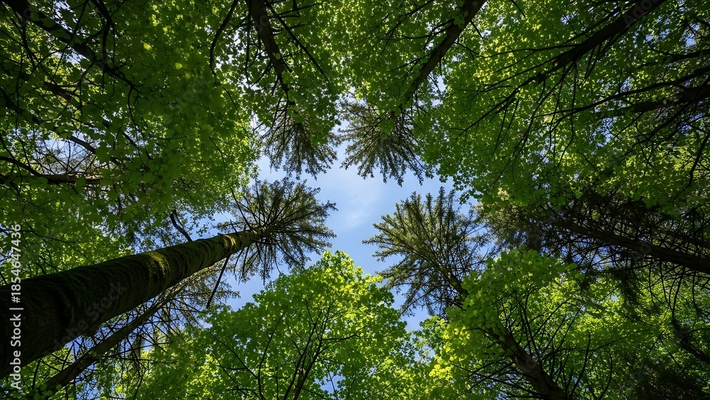 Obraz premium Looking up through lush green canopy of trees towards a blue sky