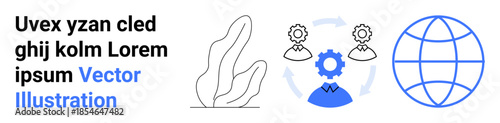 Global connections, collaboration, teamwork, process automation, data sharing, creative design. Abstract plant design with global icon and gear process. Global connections and teamwork concept