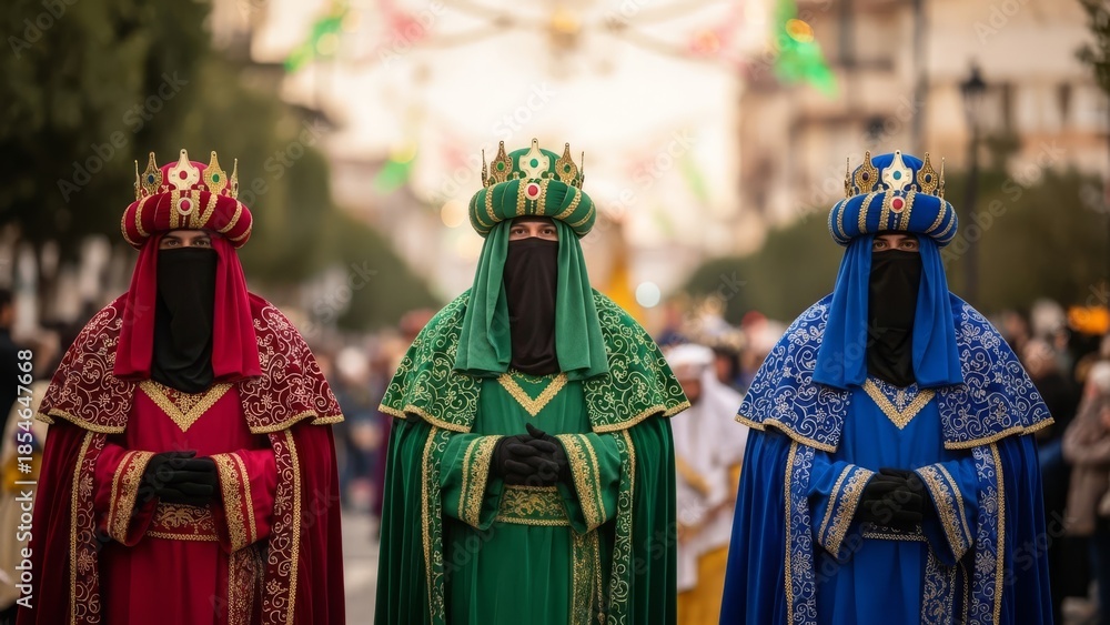Obraz premium Three men in regal, jeweled crowns and ornate robes stand in procession during an outdoor festival.