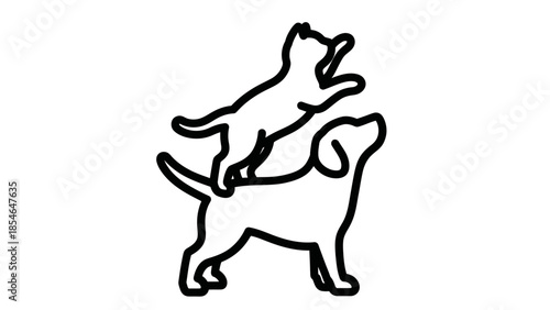 Playful outline illustration featuring a dog and a cat interacting in a fun way