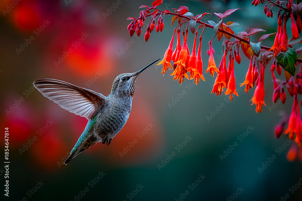 Obraz premium Hummingbird hovering near vibrant flowers in garden at sunset Generative AI