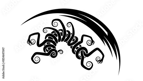 Abstract mythical creature illustration with swirling tendrils in black and white