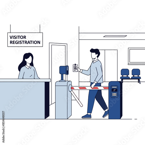 Man using access control system at visitor registration desk in office building.