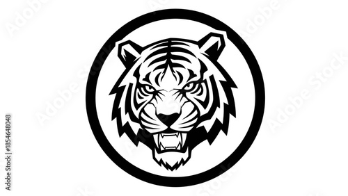 Striking black and white tiger head logo design within a bold circular frame emblem