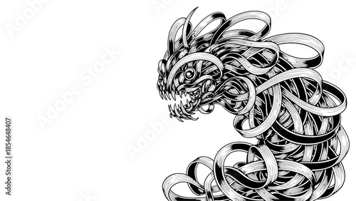 Intricate ribbon monster illustration in black and white against a plain background