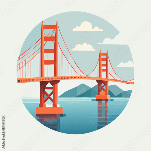 A stylized illustration of the Golden Gate Bridge spanning blue water with mountains and clouds in the background, set within a circular frame.