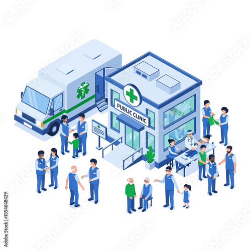 Isometric illustration of a public clinic building with an ambulance and various healthcare professionals and patients interacting outside and inside.