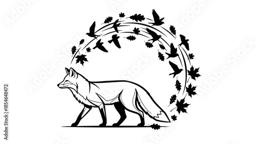 Elegant fox silhouette with birds and leaves creating a whimsical natural design