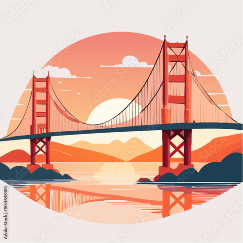Stylized illustration of the Golden Gate Bridge at sunset with warm colors and reflections on the water.