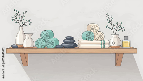 Flat vector illustration of a spa shelf with towel rolls, stones and decorative vases 